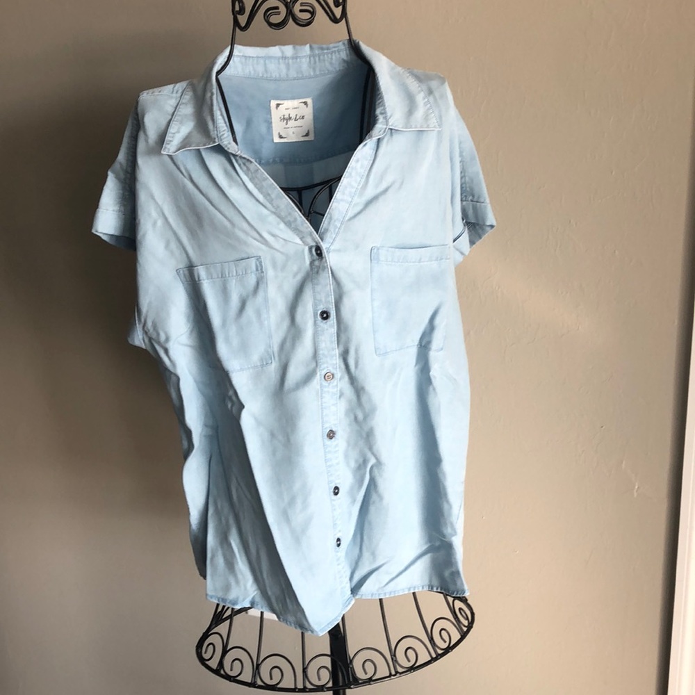 Style & Co. Light Blue Denim Tie-Dye Cap Sleeve Button Down Top